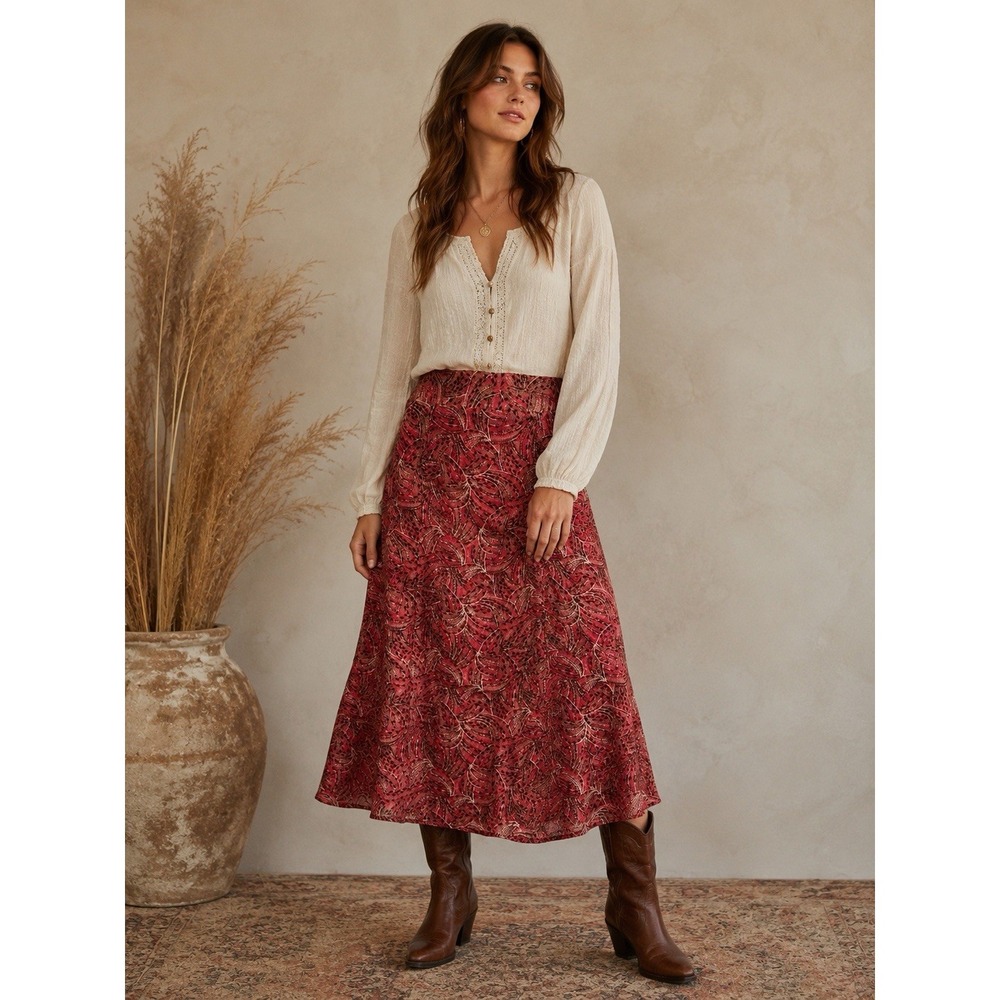 Y2K Bohemian Midi Skirt Size 14 Pink Brown Chiffon Flowy Romantic Fairy Peasant